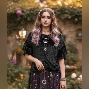 Caution To The Wind Black Velvet Short Sleeve Top